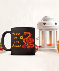 Year of the Snake 2025 black 15oz coffee mug Red Snake Chinese New Years Coin