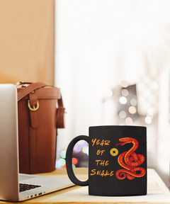 Year of the Snake 2025 black 15oz coffee mug Red Snake Chinese New Years Coin