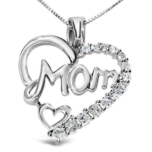 .925 Sterling Silver 1/4 Cttw Round Diamond "Mom" Heart Pendant 18" Necklace (I-J Color, I3 Clarity)