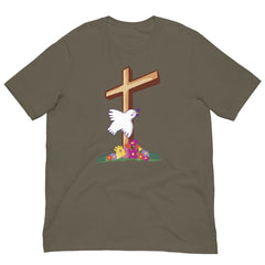 Christian Cross with Flowers Dove Short Sleeve Crew Neck Unisex t-shirt gift for Easter