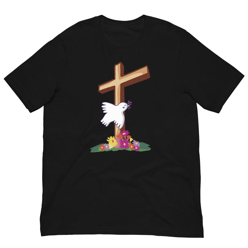 Christian Cross with Flowers Dove Short Sleeve Crew Neck Unisex t-shirt gift for Easter