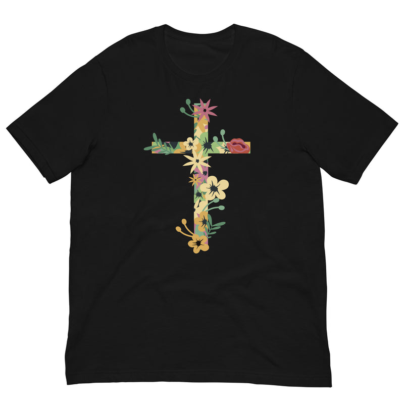 Christian Cross with Flowers Short Sleeve Crew Neck Unisex t-shirt gift for Easter