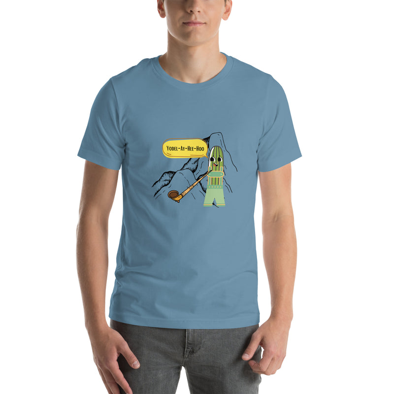 Funny Pickle Shirt Yodeling Pickle Unisex t-shirt Yodel-Ay-Hee-Hoo Yodel Pickle on a Mountain