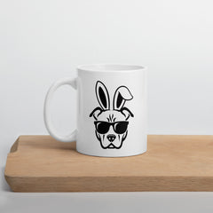 Pitbull in Sunglasses Easter Happy Easter Bunny White Ceramic Glossy Mug gift for Easter Pitbull Dog Lover