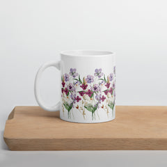 Pressed Purple Meadow Flowers White Ceramic glossy mug gift for gardener, florist or Mother's Day