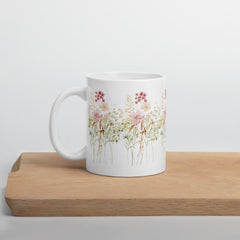 Pressed Pink Meadow Flowers Ceramic White Mug gift for gardeners, florists or Mother's Day