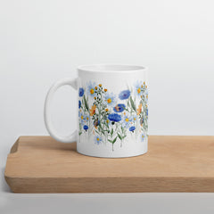 Pressed Blue Meadow Flowers White ceramic glossy mug gift for florists, gardeners or Mother's Day