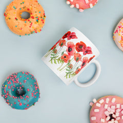 Pressed Red Poppies Flowers White ceramic glossy mug gift for Rememberance Day Veterans Day, gardener, florist Mother's Day