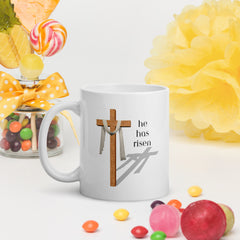 Easter Jesus He Has Risen Cross Ceramic White glossy mug