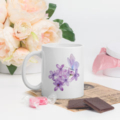 Purple Lilac Flowers Purple Butterfly White Ceramic Glossy Mug