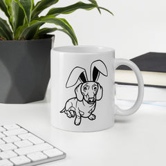 Dachshund Outline Happy Easter Bunny White Ceramic glossy mug gift for Dachshund Weiner dog lover owner