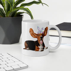 Funny Basset Hound Happy Easter Bunny White Ceramic glossy mug gift for Basset Hound Owner Lover