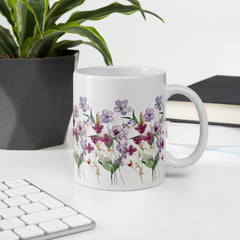 Pressed Purple Meadow Flowers White Ceramic glossy mug gift for gardener, florist or Mother's Day