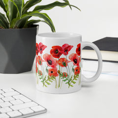 Pressed Red Poppies Flowers White ceramic glossy mug gift for Rememberance Day Veterans Day, gardener, florist Mother's Day