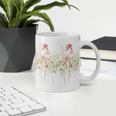 Pressed Pink Meadow Flowers Ceramic White Mug gift for gardeners, florists or Mother's Day