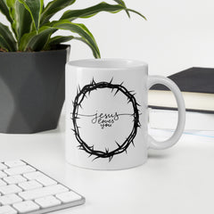 Crown of Thorns Jesus Loves You White ceramic glossy mug gift for Easter