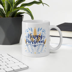 Happy Passover Ceramic White glossy mug in blue gift for Jewish Passover