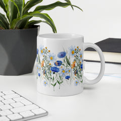 Pressed Blue Meadow Flowers White ceramic glossy mug gift for florists, gardeners or Mother's Day