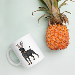 Rottweiler Happy Easter Bunny White Ceramic glossy mug gift for Easter Rottie Dog Lover