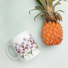 Pressed Purple Meadow Flowers White Ceramic glossy mug gift for gardener, florist or Mother's Day