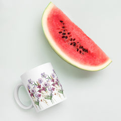 Pressed Purple Meadow Flowers White Ceramic glossy mug gift for gardener, florist or Mother's Day