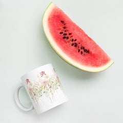 Pressed Pink Meadow Flowers Ceramic White Mug gift for gardeners, florists or Mother's Day