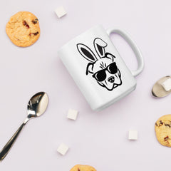 Pitbull in Sunglasses Easter Happy Easter Bunny White Ceramic Glossy Mug gift for Easter Pitbull Dog Lover