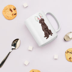 Chocolate Labrador Happy Easter Bunny White Ceramic glossy mug gift for Chocolate Lab Dog Owner Lover