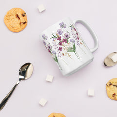 Pressed Purple Meadow Flowers White Ceramic glossy mug gift for gardener, florist or Mother's Day