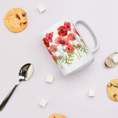 Pressed Red Poppies Flowers White ceramic glossy mug gift for Rememberance Day Veterans Day, gardener, florist Mother's Day