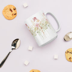 Pressed Pink Meadow Flowers Ceramic White Mug gift for gardeners, florists or Mother's Day