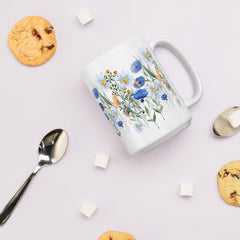 Pressed Blue Meadow Flowers White ceramic glossy mug gift for florists, gardeners or Mother's Day