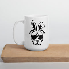 Pitbull in Sunglasses Easter Happy Easter Bunny White Ceramic Glossy Mug gift for Easter Pitbull Dog Lover