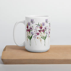 Pressed Purple Meadow Flowers White Ceramic glossy mug gift for gardener, florist or Mother's Day