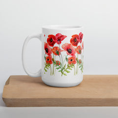 Pressed Red Poppies Flowers White ceramic glossy mug gift for Rememberance Day Veterans Day, gardener, florist Mother's Day