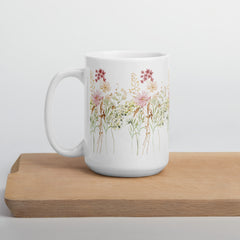 Pressed Pink Meadow Flowers Ceramic White Mug gift for gardeners, florists or Mother's Day