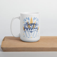 Happy Passover Ceramic White glossy mug in blue gift for Jewish Passover