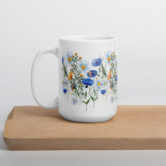 Pressed Blue Meadow Flowers White ceramic glossy mug gift for florists, gardeners or Mother's Day