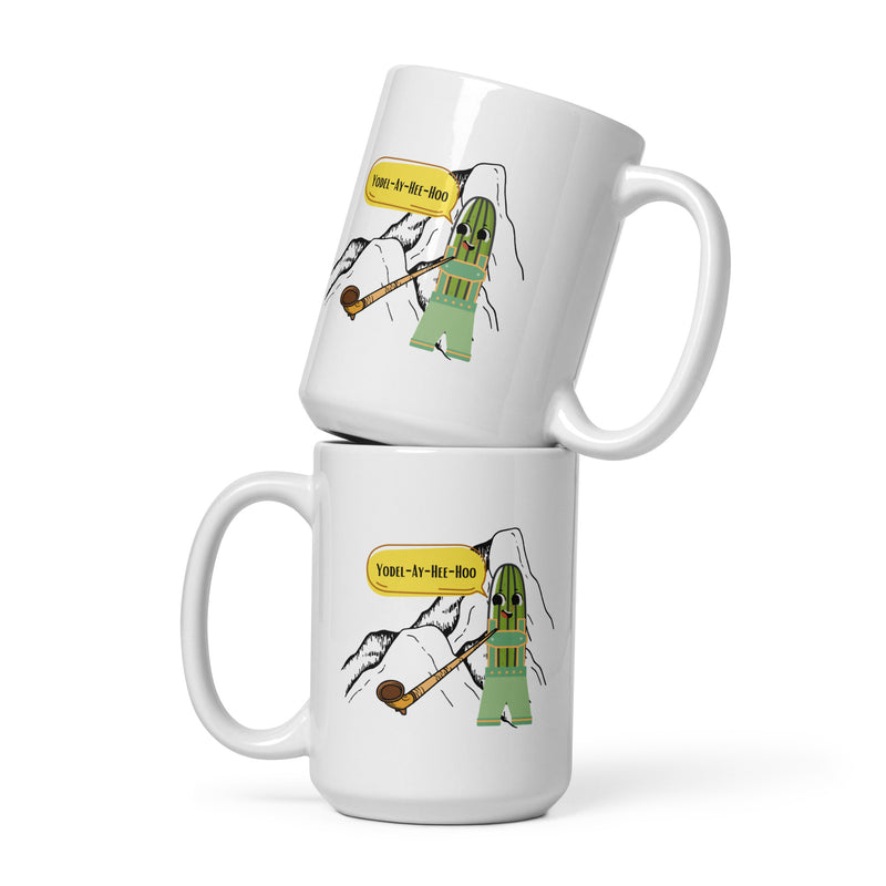 Funny Pickle Mug Yodeling Pickle White glossy mug Yodel-Ay-Hee-Hoo Yodel Pickle on a Mountain