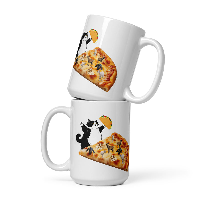 Funny Mug Fat Cat Holding a Taco Goat Cheese Pizza 15oz White Ceramic Mug