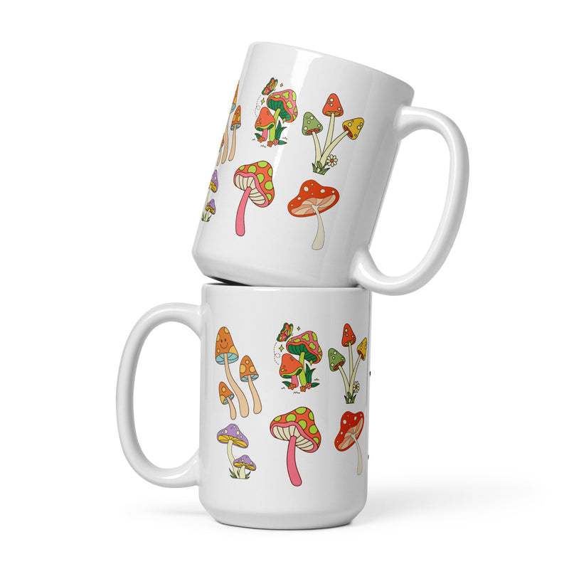 Fun Retro Groovy Mushroom Shrooms White Ceramic 15oz glossy mug