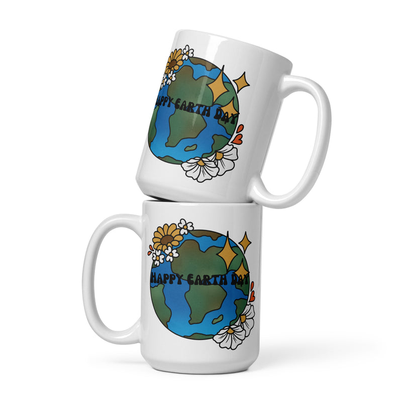 Happy Earth Day White Ceramic 15oz Reusable Coffee Mug Earth Flowers