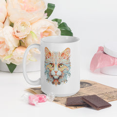 Artistic Cat Art White 15oz Ceramic glossy mug gift for someone who loves cats