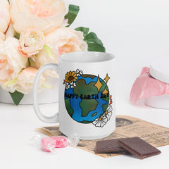 Happy Earth Day White Ceramic 15oz Reusable Coffee Mug Earth Flowers