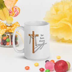 Easter Jesus He Has Risen Cross Ceramic White glossy mug