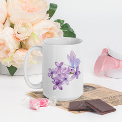 Purple Lilac Flowers Purple Butterfly White Ceramic Glossy Mug