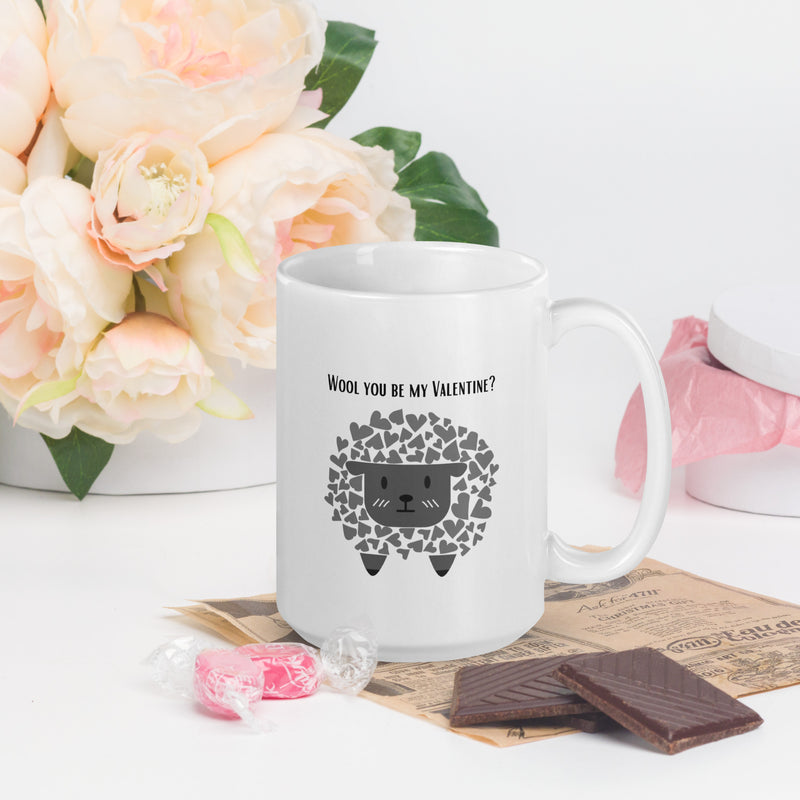 Wool you be my Valentine? Ceramic 15 oz White glossy mug gift for Valentine's Day