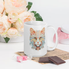 Artistic Cat Art White 15oz Ceramic glossy mug gift for someone who loves cats