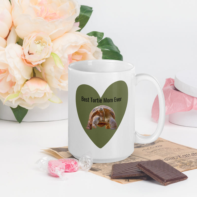 Funny Mug Best Tortie Mom Heart Tortoise White 15oz Ceramic glossy mug for someone who loves tortoises turtles Valentine's Day Mother's Day