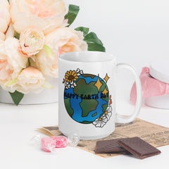 Happy Earth Day White Ceramic 15oz Reusable Coffee Mug Earth Flowers